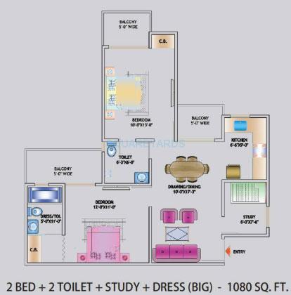 Floor plan of 2 BHK 1080 Sq. Ft. Apartment in Nirala World Estate I, Greater Noida