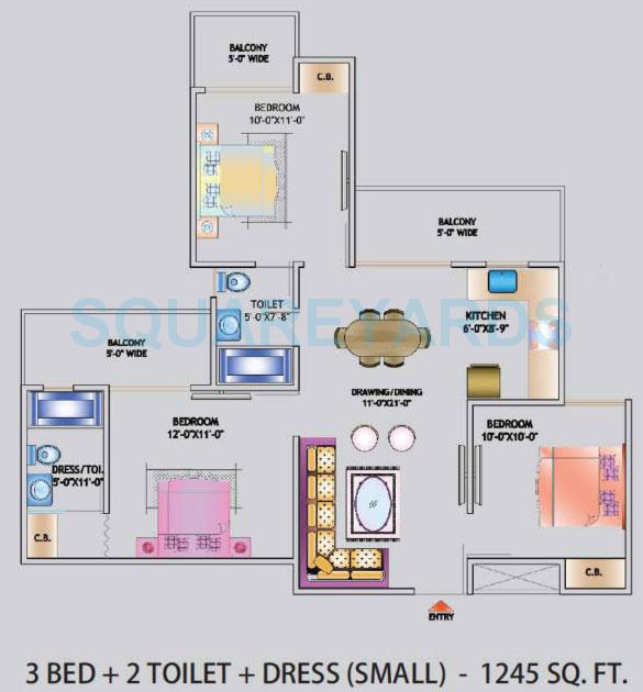 Floor plan of 3 BHK 1245 Sq. Ft. Apartment in Nirala World Estate I, Greater Noida