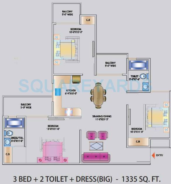 Floor plan of 3 BHK 1335 Sq. Ft. Apartment in Nirala World Estate I, Greater Noida