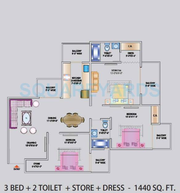 Floor plan of 3 BHK 1440 Sq. Ft. Apartment in Nirala World Estate I, Greater Noida