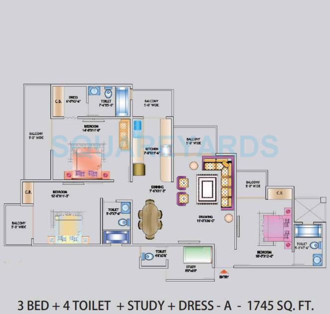 Floor plan of 3 BHK 1745 Sq. Ft. Apartment in Nirala World Estate I, Greater Noida