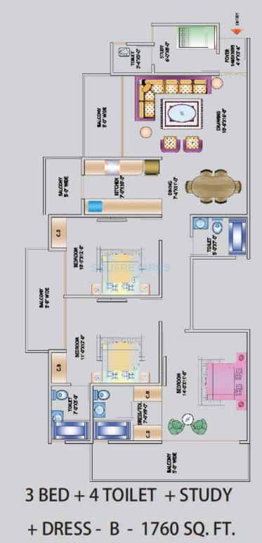 Floor plan of 3 BHK 1760 Sq. Ft. Apartment in Nirala World Estate I, Greater Noida