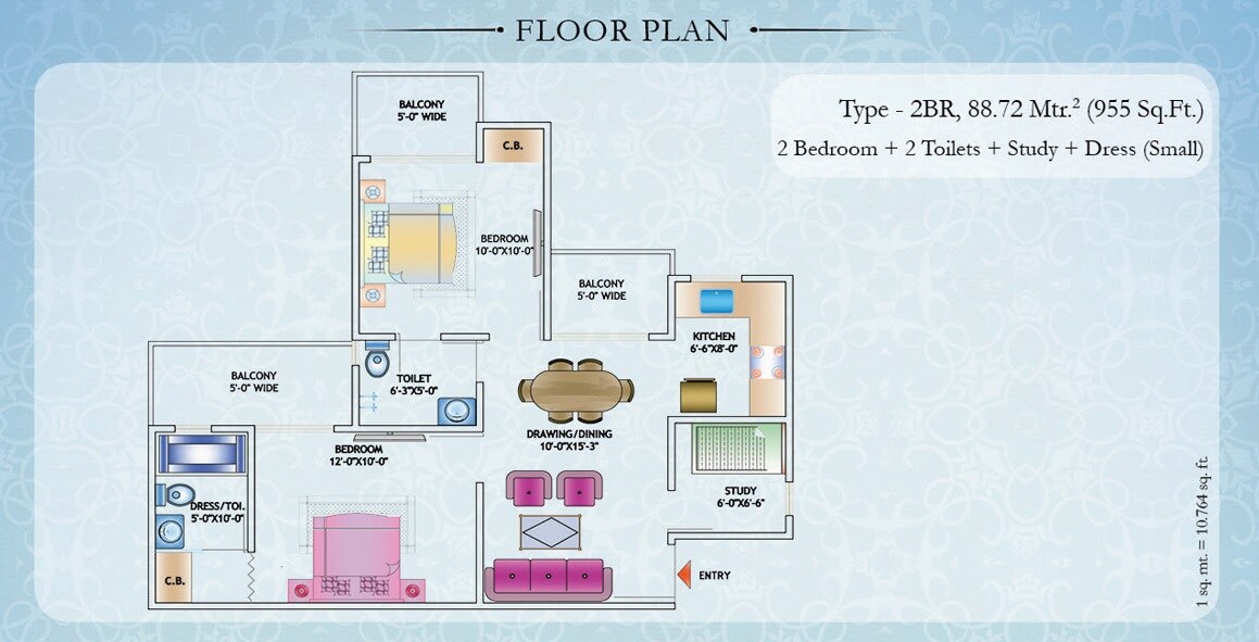 Floor plan of 2 BHK Apartment - 955 sq. ft. in Nirala Estate, Greater Noida