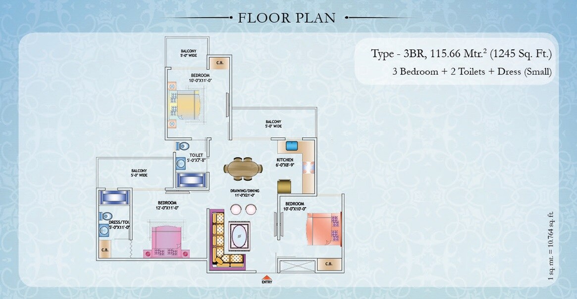 Floor plan of 3 BHK Apartment - 1245 sq. ft. in Nirala Estate, Greater Noida
