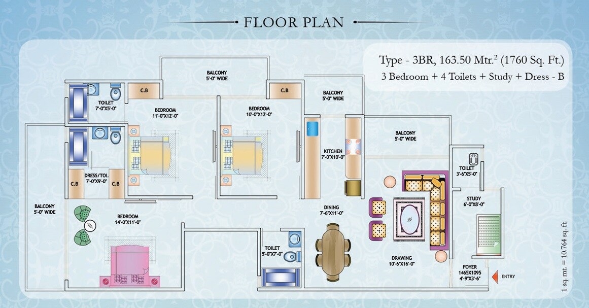 Floor plan of 3 BHK Apartment - 1760 sq. ft. in Nirala Estate, Greater Noida