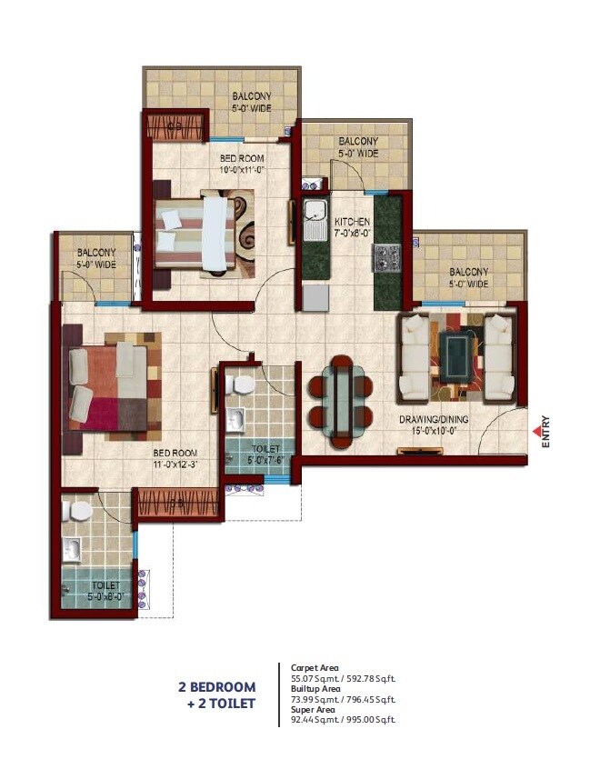 Floor plan of 2 BHK 995 Sq. Ft. Apartment in Nirala Estate II, Greater Noida