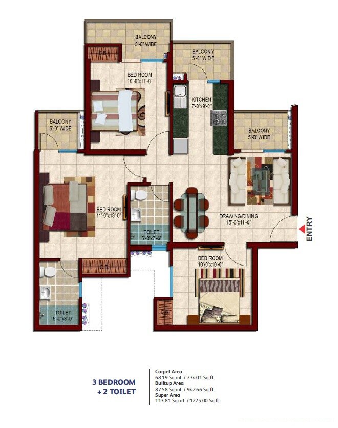 Floor plan of 3 BHK 1225 Sq. Ft. Apartment in Nirala Estate II, Greater Noida