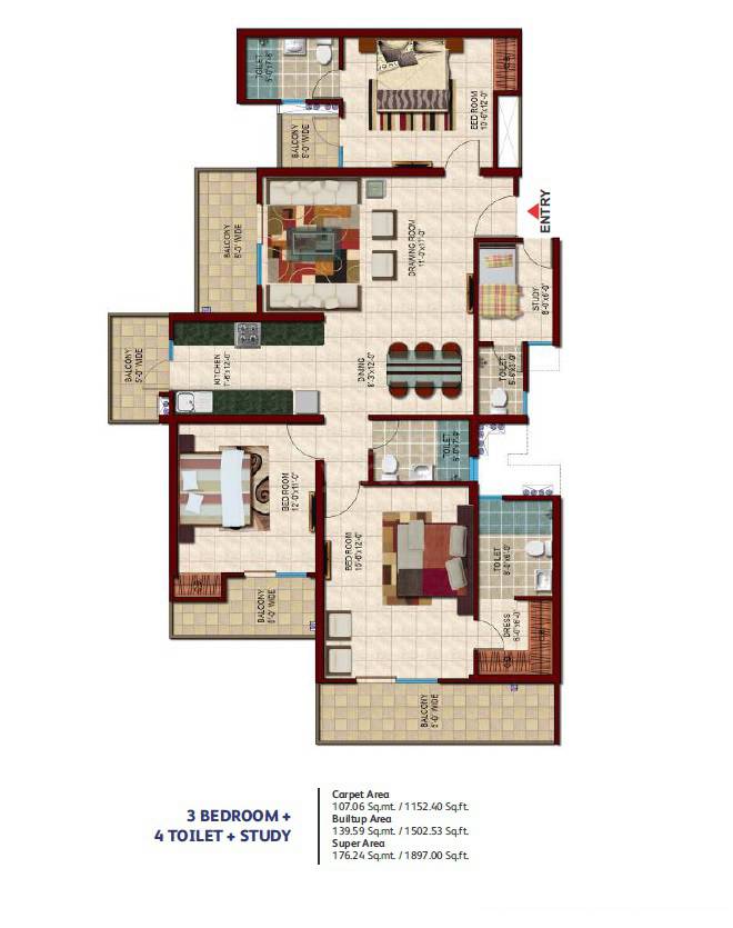 Floor plan of 3 BHK 1897 Sq. Ft. Apartment in Nirala Estate II, Greater Noida