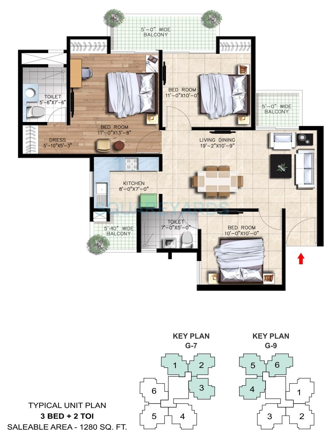 Floor plan of 3 BHK 1280 Sq. Ft. Apartment in Nirala Greenshire, Greater Noida
