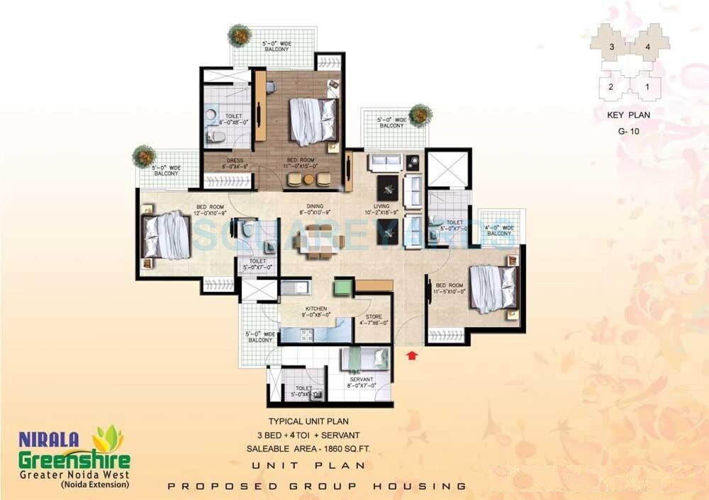 Floor plan of 3 BHK 1860 Sq. Ft. Apartment in Nirala Greenshire, Greater Noida