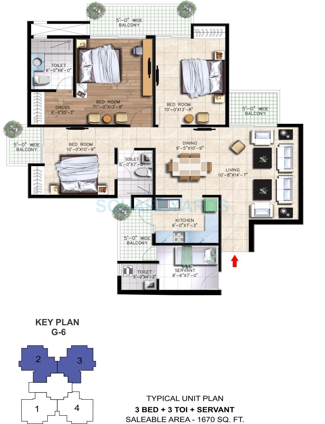 Floor plan of 3 BHK 1670 Sq. Ft. Apartment in Nirala Greenshire, Greater Noida