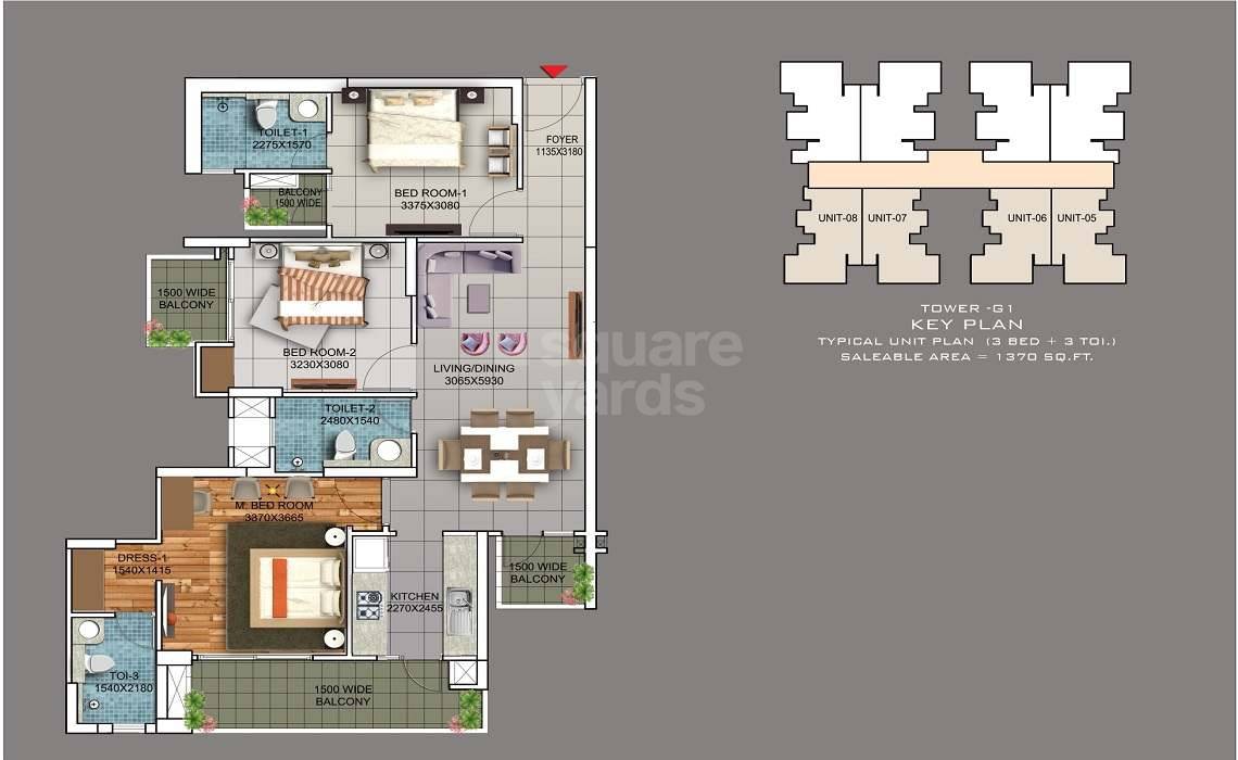 Floor plan of 3 BHK 1370 Sq. Ft. Apartment in Nirala Greenshire Phase II, Greater Noida