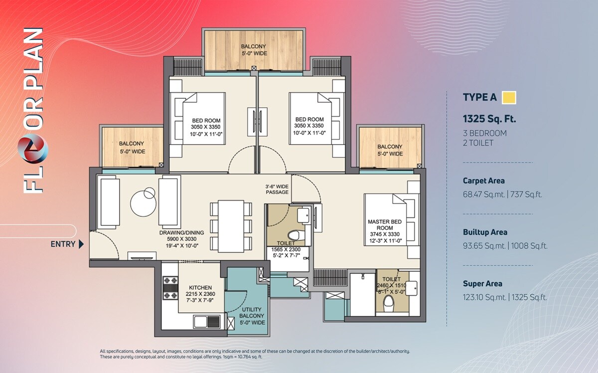 Floor plan of 3 BHK 1325 Sq. Ft. Apartment in Nirala Trio, Greater Noida