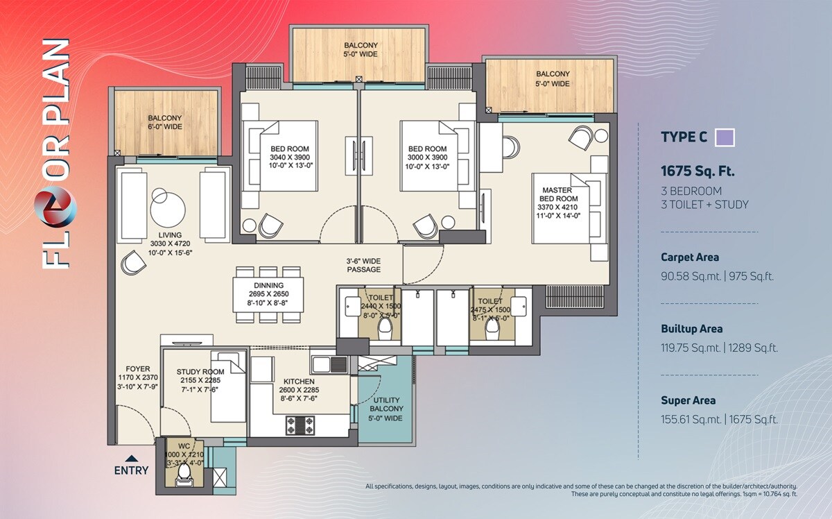 Floor plan of 3 BHK 1675 Sq. Ft. Apartment in Nirala Trio, Greater Noida