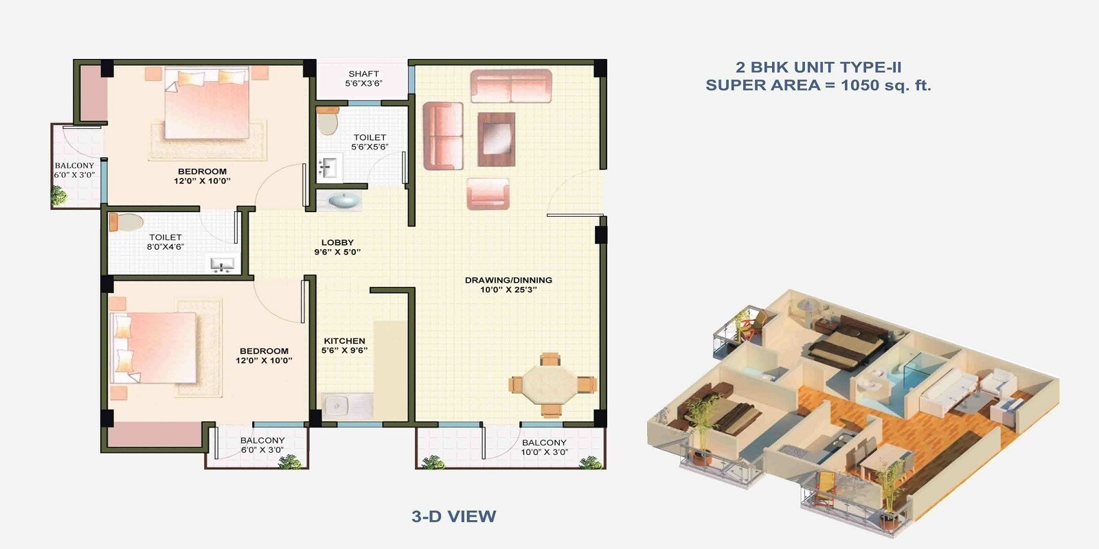 Floor plan of 2 BHK 1050 Sq. Ft. Apartment in Nitya Azad Residency, Greater Noida