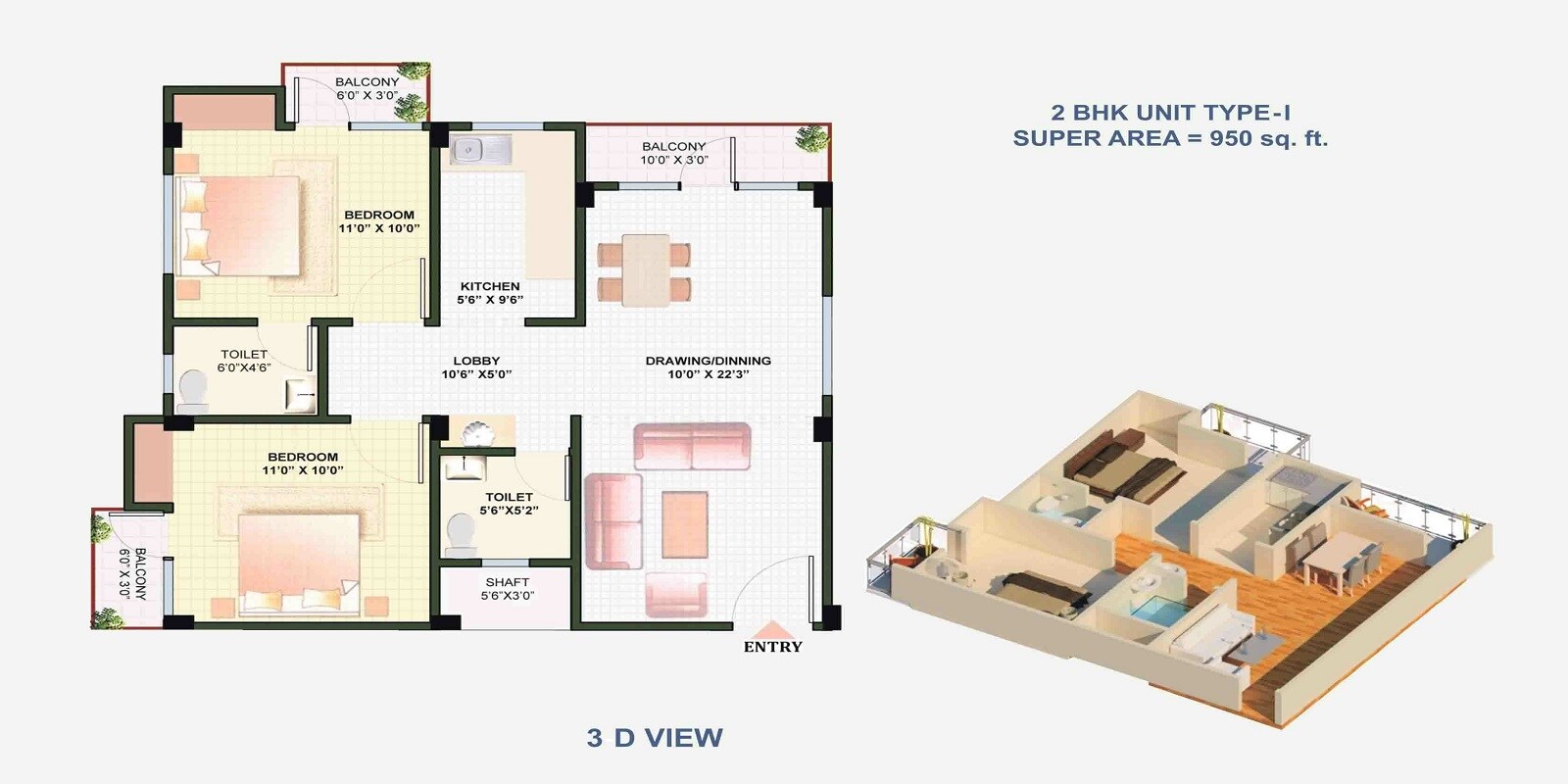 Floor plan of 2 BHK 950 Sq. Ft. Apartment in Nitya Azad Residency, Greater Noida