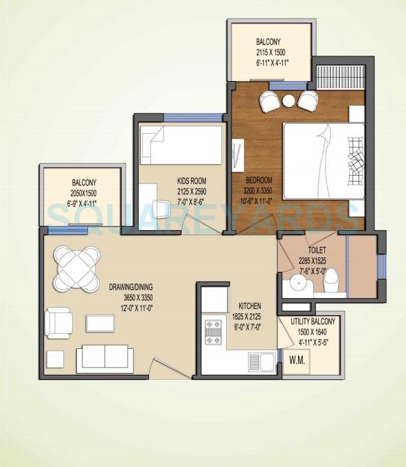 Floor plan of 1 BHK Apartment - 725 sq. ft. in Oasis My Homes, Greater Noida