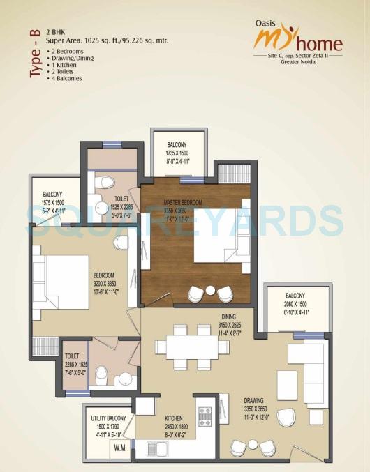 Floor plan of 2 BHK Apartment - 1025 sq. ft. in Oasis My Homes, Greater Noida