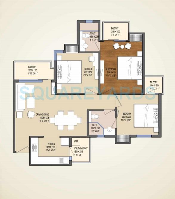 Floor plan of 3 BHK Apartment - 1395 sq. ft. in Oasis My Homes, Greater Noida