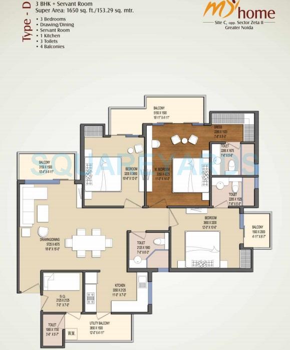 Floor plan of 3 BHK Apartment - 1650 sq. ft. in Oasis My Homes, Greater Noida