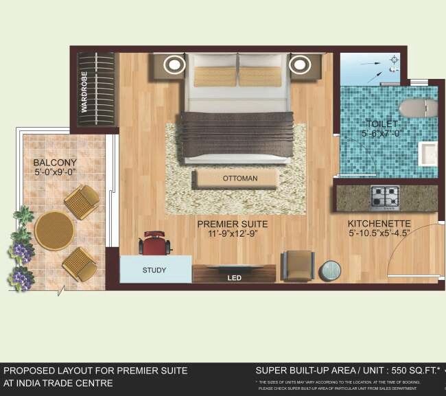 Floor plan of 550 Sq. Ft. Studio in Omaxe India Trade Center, Greater Noida