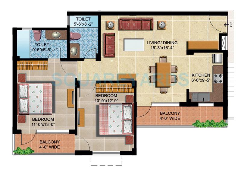 Floor plan of 2 BHK 1100 Sq. Ft. Apartment in Omaxe Orchid Avenue, Greater Noida