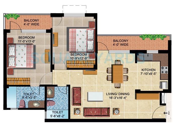 Floor plan of 2 BHK 1120 Sq. Ft. Apartment in Omaxe Orchid Avenue, Greater Noida