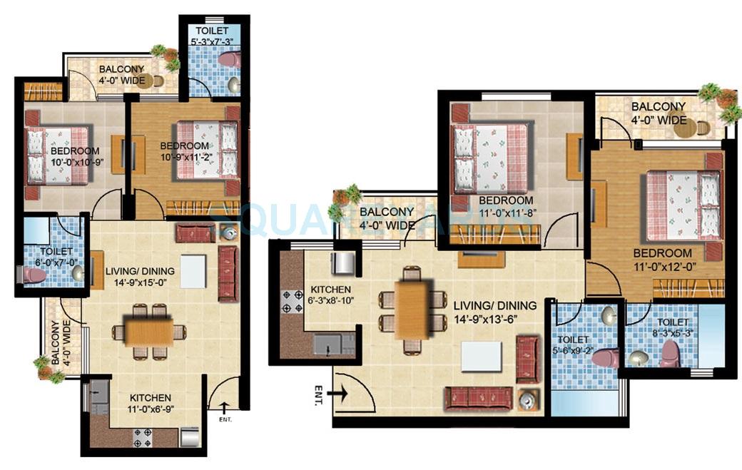 Floor plan of 2 BHK 930 Sq. Ft. Apartment in Omaxe Orchid Avenue, Greater Noida