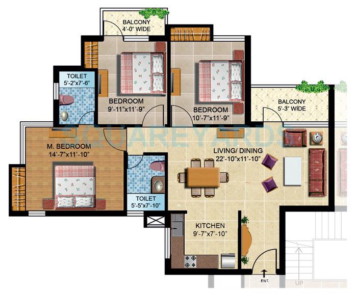 Floor plan of 3 BHK 1405 Sq. Ft. Apartment in Omaxe Orchid Avenue, Greater Noida