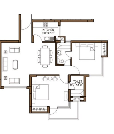 Floor plan of 2 BHK 1140 Sq. Ft. Apartment in Omaxe Palm Greens, Greater Noida