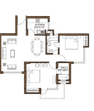 Floor plan of 2 BHK 980 Sq. Ft. Apartment in Omaxe Palm Greens, Greater Noida