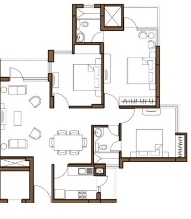 Floor plan of 3 BHK 1400 Sq. Ft. Apartment in Omaxe Palm Greens, Greater Noida