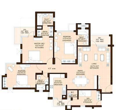 Floor plan of 3 BHK 2000 Sq. Ft. Apartment in Omaxe Palm Greens, Greater Noida