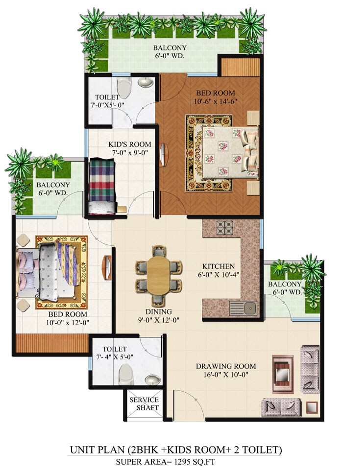 Floor plan of 2 BHK 1295 Sq. Ft. Apartment in Omkar Royal Nest, Greater Noida