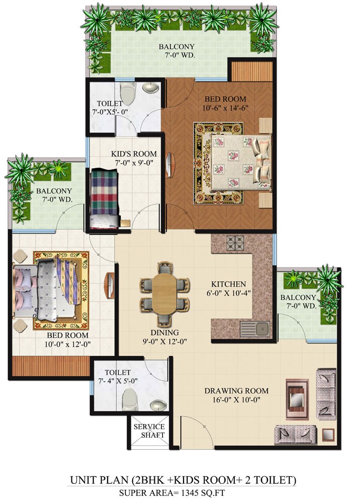 Floor plan of 2 BHK 1345 Sq. Ft. Apartment in Omkar Royal Nest, Greater Noida