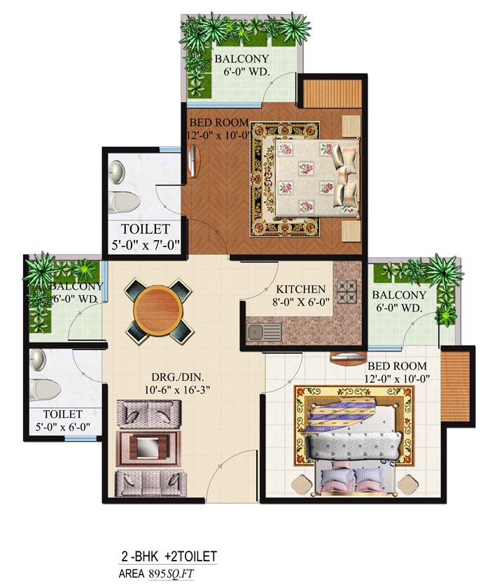 Floor plan of 2 BHK 895 Sq. Ft. Apartment in Omkar Royal Nest, Greater Noida