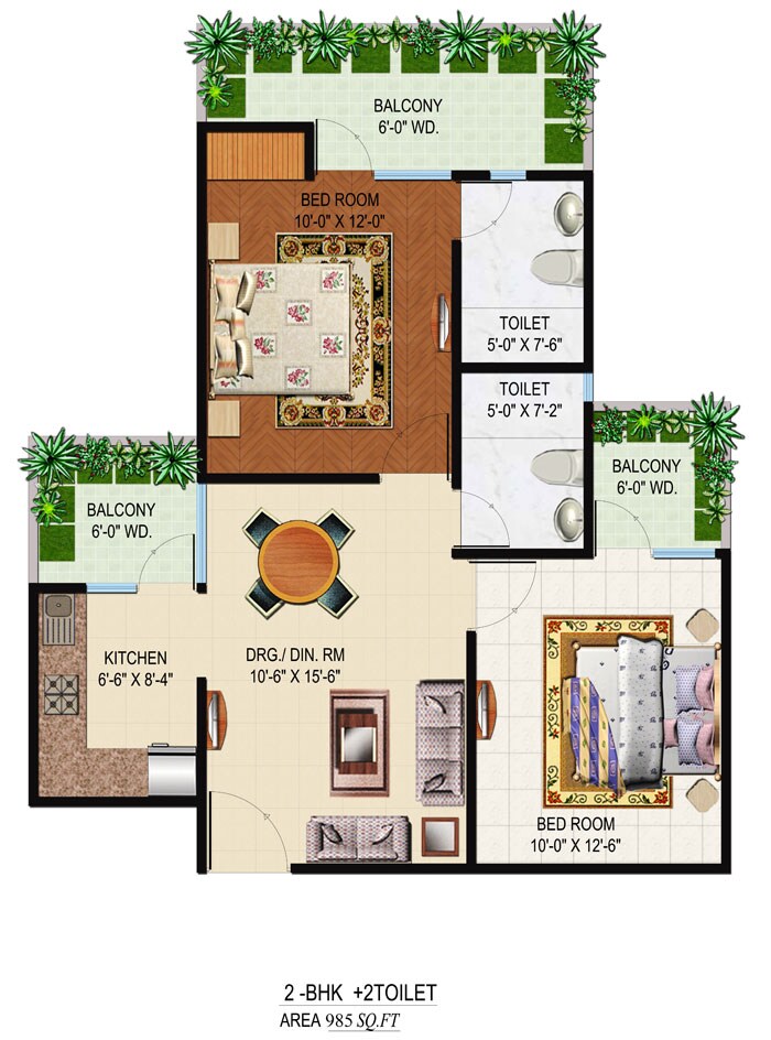 Floor plan of 2 BHK 985 Sq. Ft. Apartment in Omkar Royal Nest, Greater Noida