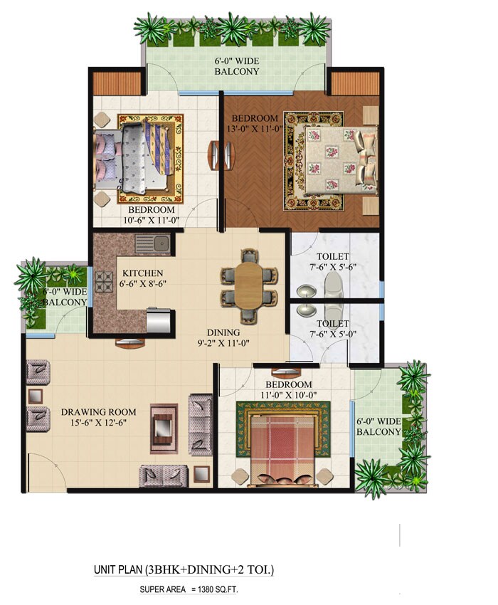 Floor plan of 3 BHK 1380 Sq. Ft. Apartment in Omkar Royal Nest, Greater Noida