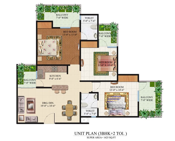 Floor plan of 3 BHK 1425 Sq. Ft. Apartment in Omkar Royal Nest, Greater Noida
