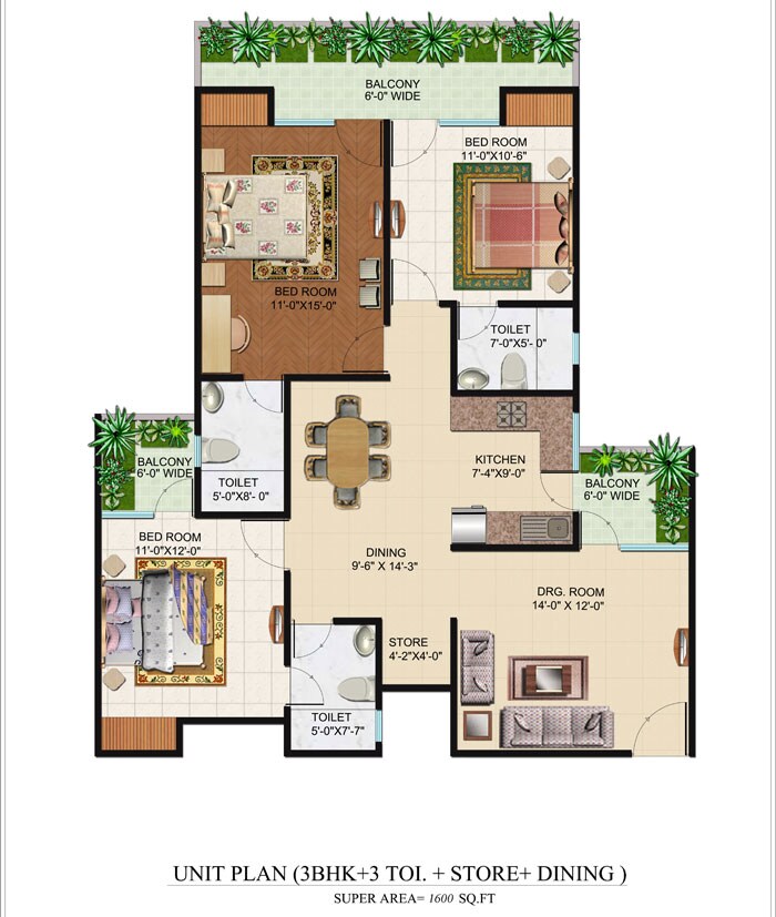 Floor plan of 3 BHK 1600 Sq. Ft. Apartment in Omkar Royal Nest, Greater Noida