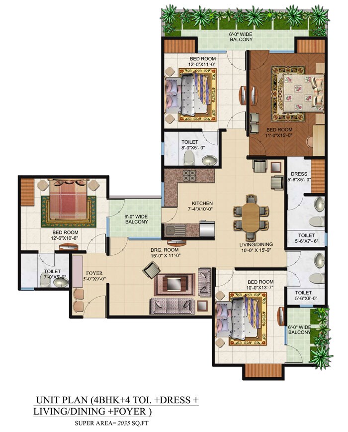 Floor plan of 4 BHK 2035 Sq. Ft. Apartment in Omkar Royal Nest, Greater Noida