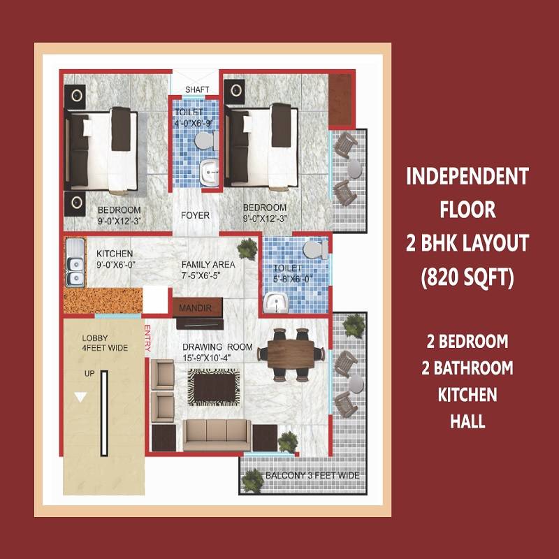 Floor plan of 2 BHK 820 Sq. Ft. Ind Floor in Omson Nature Valley, Greater Noida