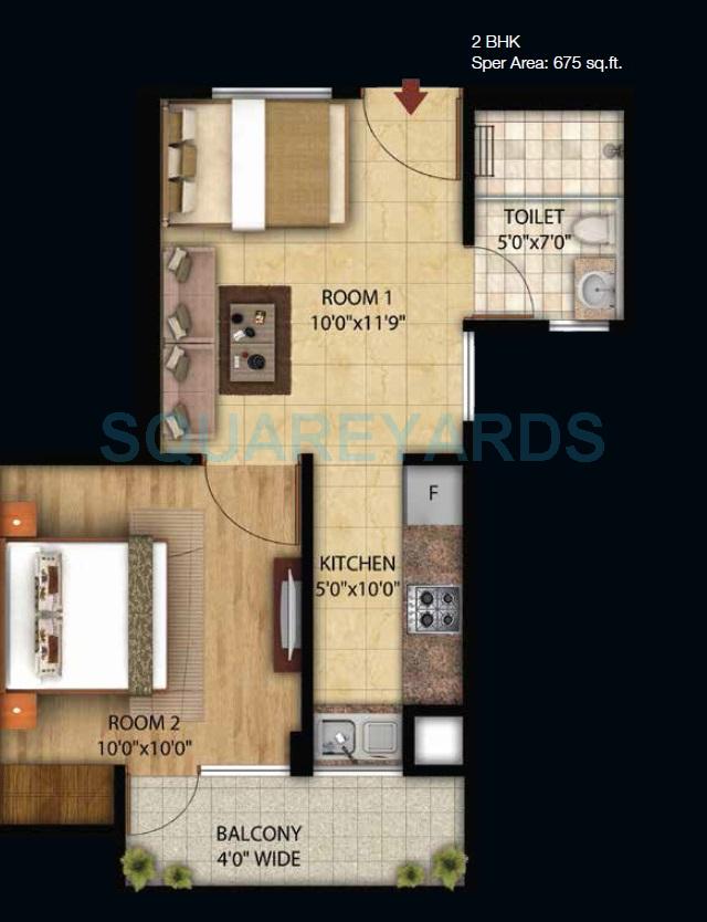Floor plan of 2 BHK 675 Sq. Ft. Apartment in Omson Star Residency, Greater Noida