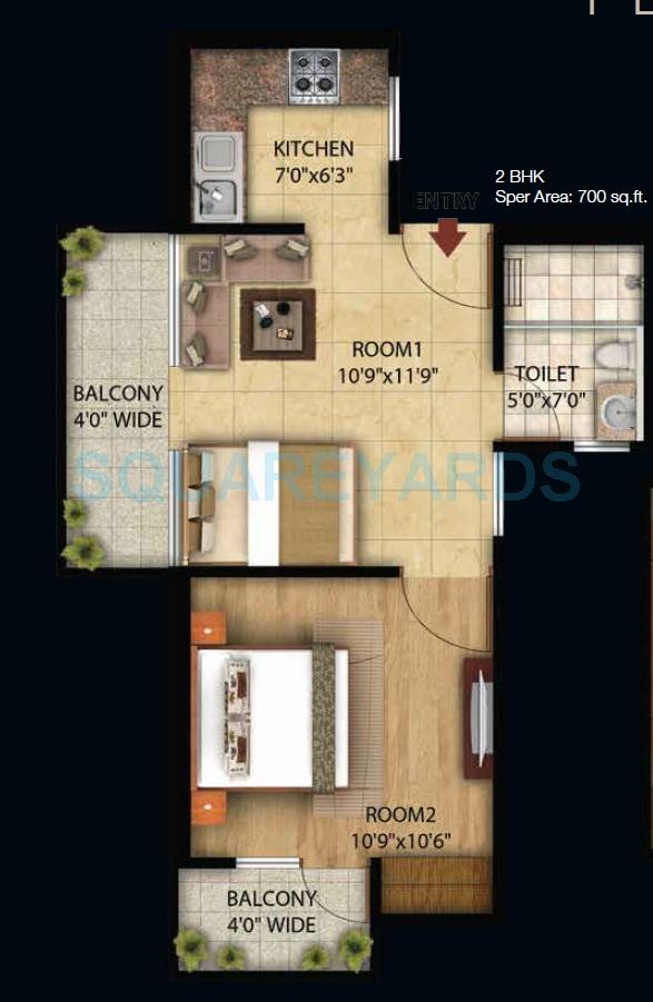 Floor plan of 2 BHK 700 Sq. Ft. Apartment in Omson Star Residency, Greater Noida