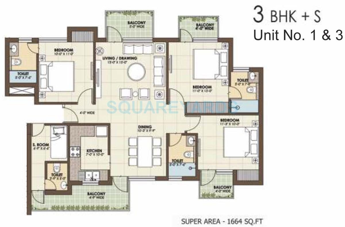 Floor plan of 3 BHK 1664 Sq. Ft. Apartment in Orris Golf Homes Green Bay, Greater Noida