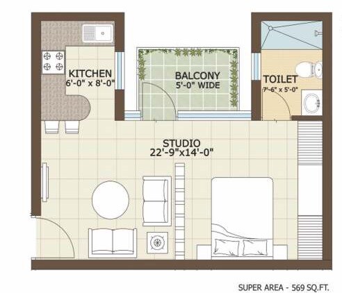 Floor plan of 1 BHK 569 Sq. Ft. Apartment in Orris Golf Homes Greenbay, Greater Noida