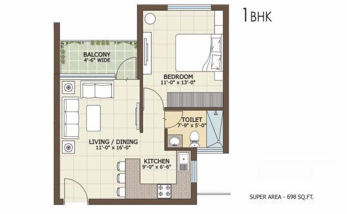 Floor plan of 1 BHK 698 Sq. Ft. Apartment in Orris Golf Homes Greenbay, Greater Noida