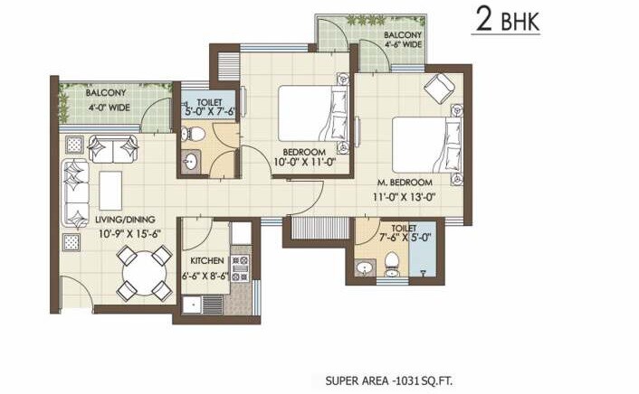 Floor plan of 2 BHK 1031 Sq. Ft. Apartment in Orris Golf Homes Greenbay, Greater Noida