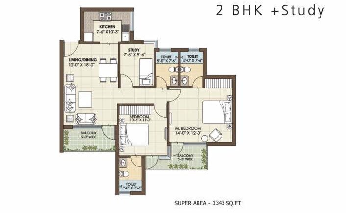 Floor plan of 2 BHK 1343 Sq. Ft. Apartment in Orris Golf Homes Greenbay, Greater Noida