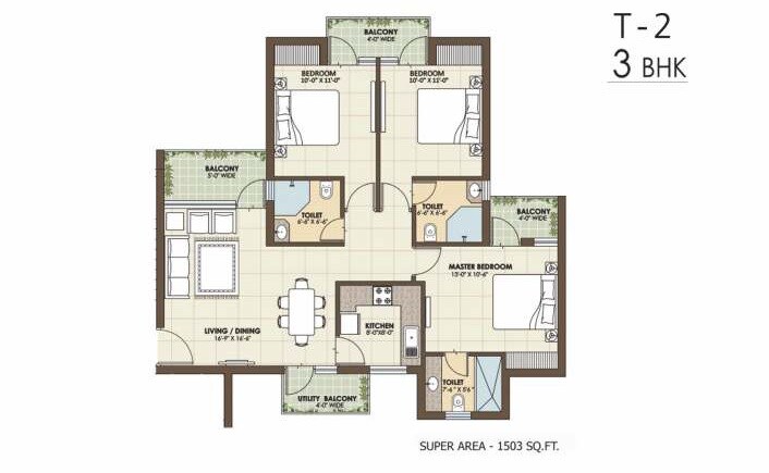 Floor plan of 3 BHK 1503 Sq. Ft. Apartment in Orris Golf Homes Greenbay, Greater Noida